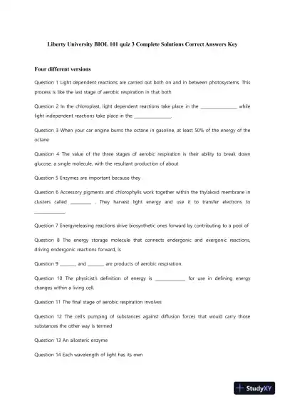 Liberty University BIOL 101 Quiz 3 Complete Solutions Correct Answers Key - Page 1 preview image