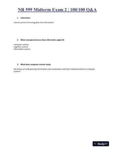 NR599 Computer Science Midterm Exam 2 With Answers (109 Solved Questions) - Page 1 preview image