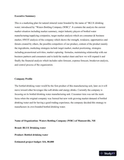 The Waters Bottling Company (WBC) of Munsonville, NH � Marketing Plan - Page 3 preview image