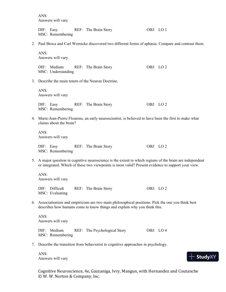 Cognitive Neuroscience: The Biology of the Mind, 4th Edition Test Bank, page 11