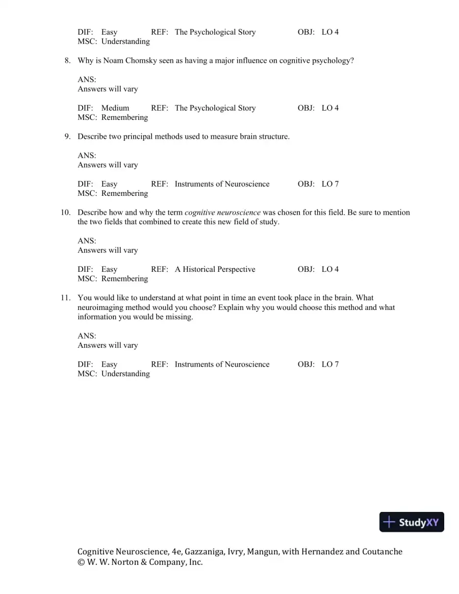Cognitive Neuroscience: The Biology of the Mind, 4th Edition Test Bank, page 12
