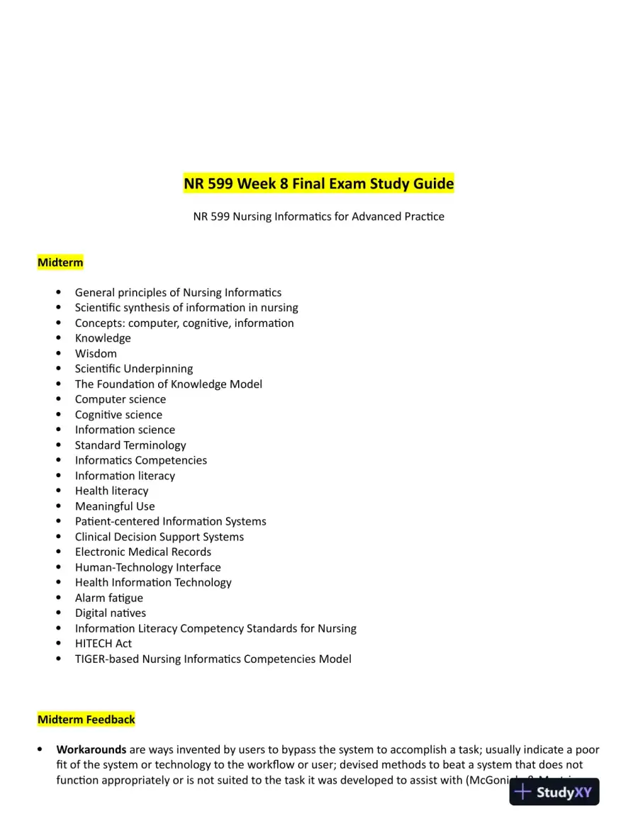 NR599 Nursing Informatics For Advanced Practice Final Exam Study Guide Week 8 With Answers (25 Solved Questions), page 3