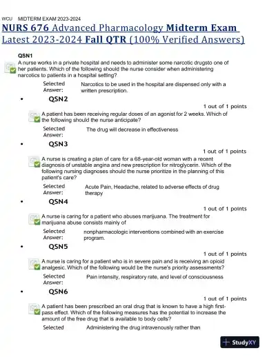 2023-2024 NURS676 Pharmacology Midterm Exam With Answers (100 Solved Questions) - Page 1 preview image