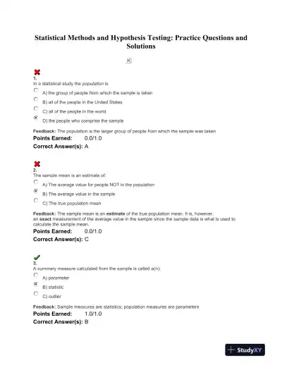 Statistical Methods and Hypothesis Testing: Practice Questions and Solutions - Page 1 preview image