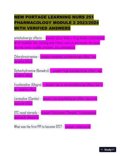 2023-2024 New Portage Learning NURS251 Pharmacology Module 2 with Answers (51 Solved Questions) - Page 1 preview image