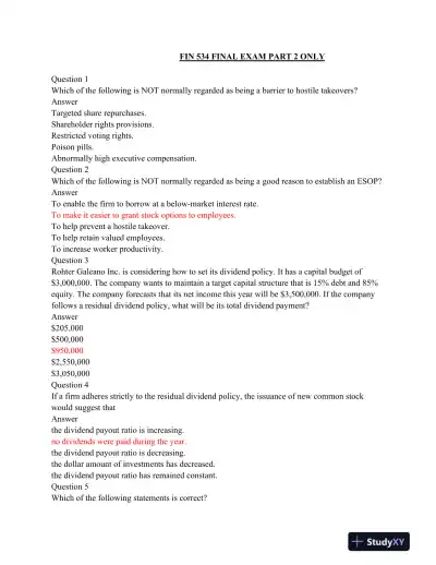 FIN 534 Final Exam PART 2 - Page 1 preview image