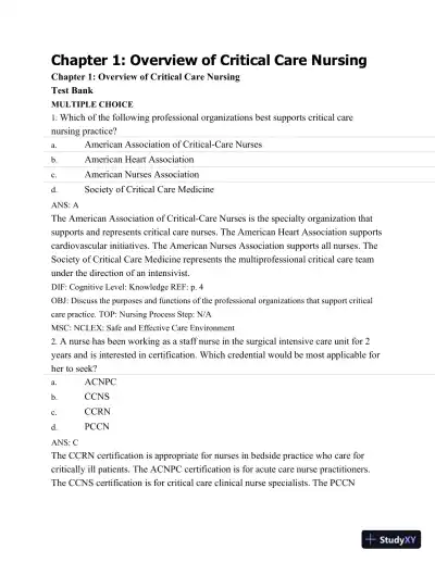 Test Bank For Introduction To Critical Care Nursing, 6th Edition - Page 1 preview image