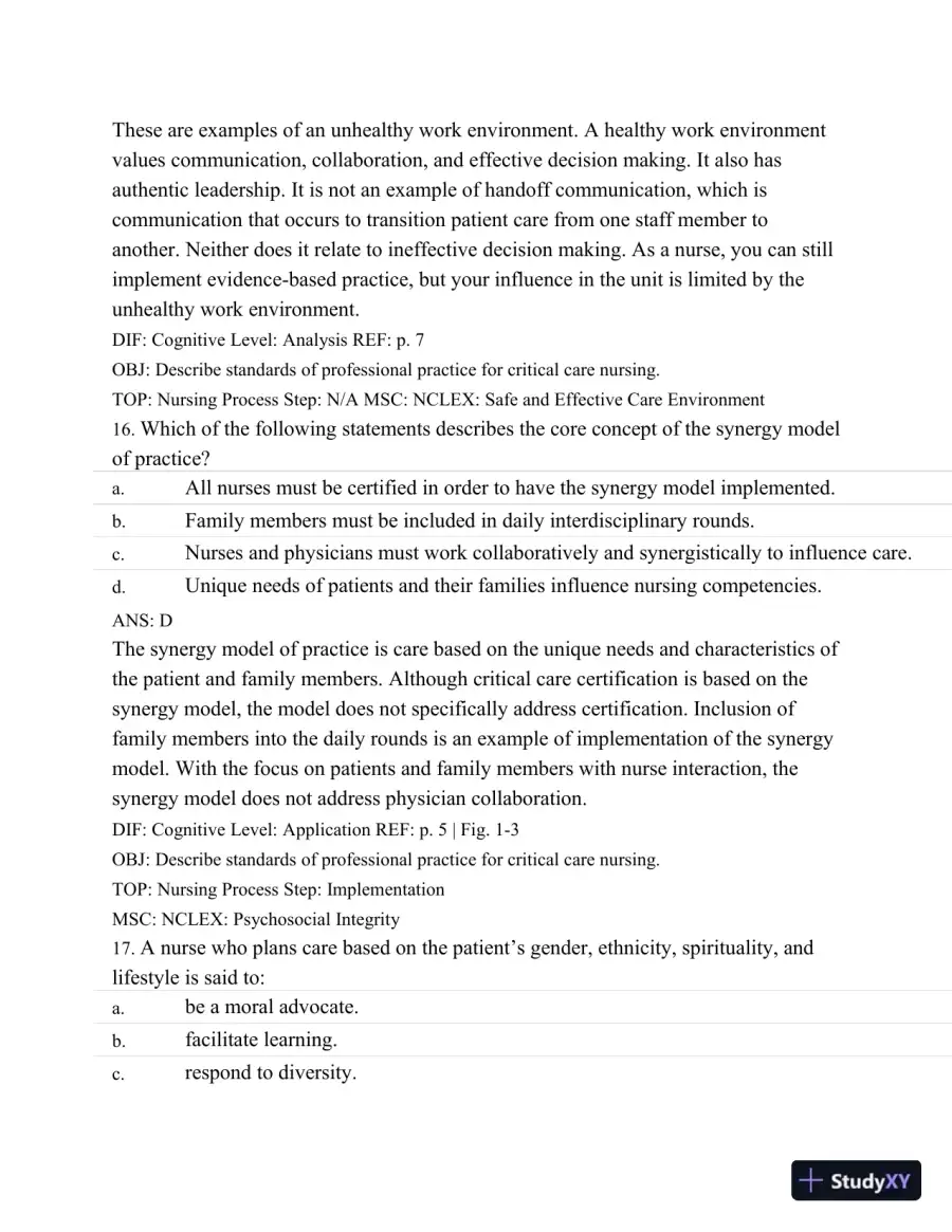 Test Bank For Introduction To Critical Care Nursing, 6th Edition, page 10