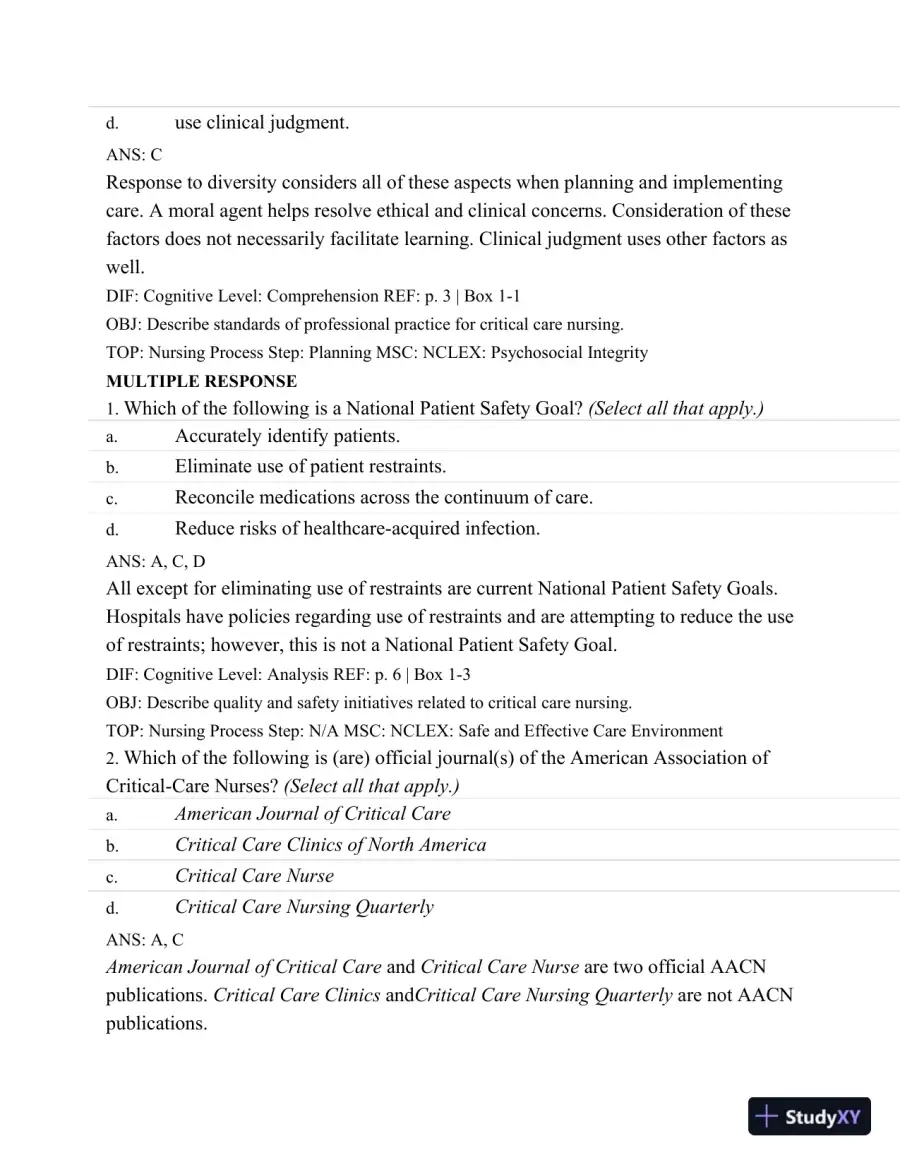 Test Bank For Introduction To Critical Care Nursing, 6th Edition, page 11