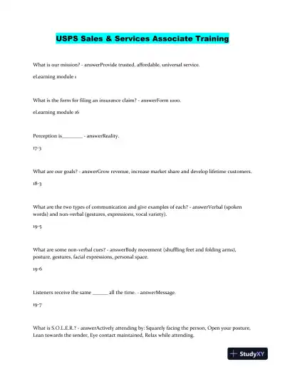 USPS Marketing Sales and Services Associate Training With Answers (147 Solved Questions) - Page 1 preview image