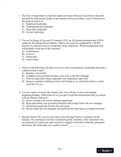 Managing and Coordinating Nursing Care Fifth Edition Test Bank - Page 1 preview image