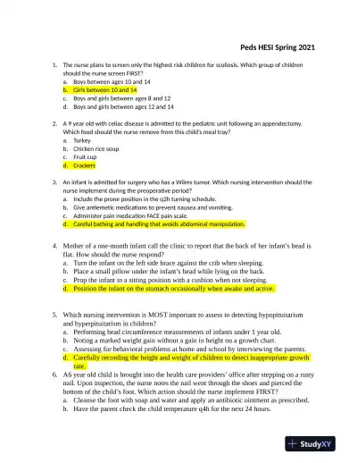 2021 HESI Pediatrics Practice Exam With Answers (44 Solved Questions) - Page 1 preview image