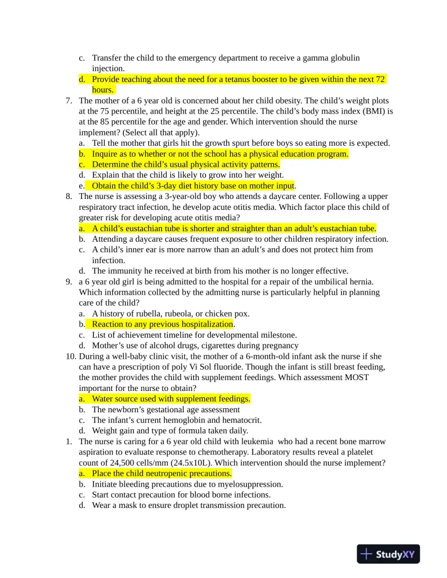 2021 HESI Pediatrics Practice Exam With Answers (44 Solved Questions), page 3