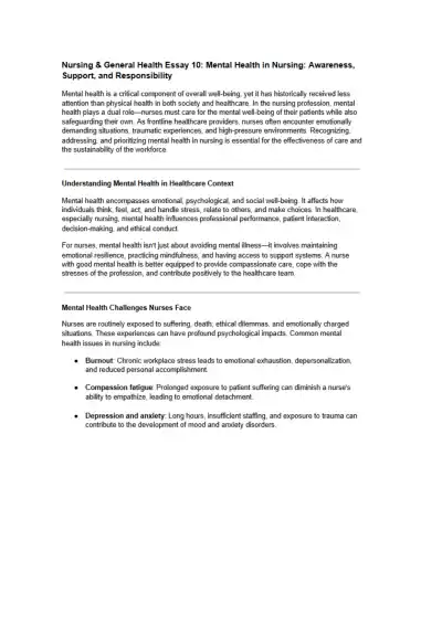 Mental Health in Nursing Awareness, Support, and R - Page 1 preview image