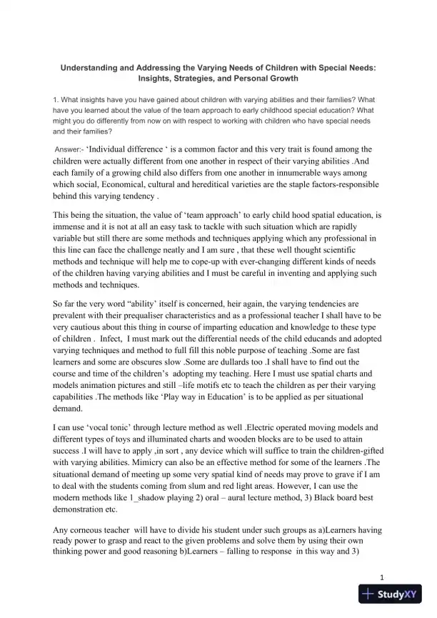 Understanding and Addressing the Varying Needs of Children with Special Needs: Insights, Strategies, and Personal Growth - Page 1 preview image