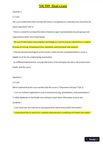 NR599 Nursing Informatics Final Exam With Answers (15 Solved Questions) - Page 1 preview image