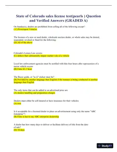 State of Colorado Question and Verified Answers with Answers (40 Solved Questions) - Page 1 preview image