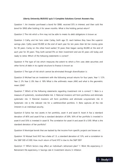 Liberty University BUSI352 Quiz 5 Complete Solutions Correct Answers Key - Page 1 preview image