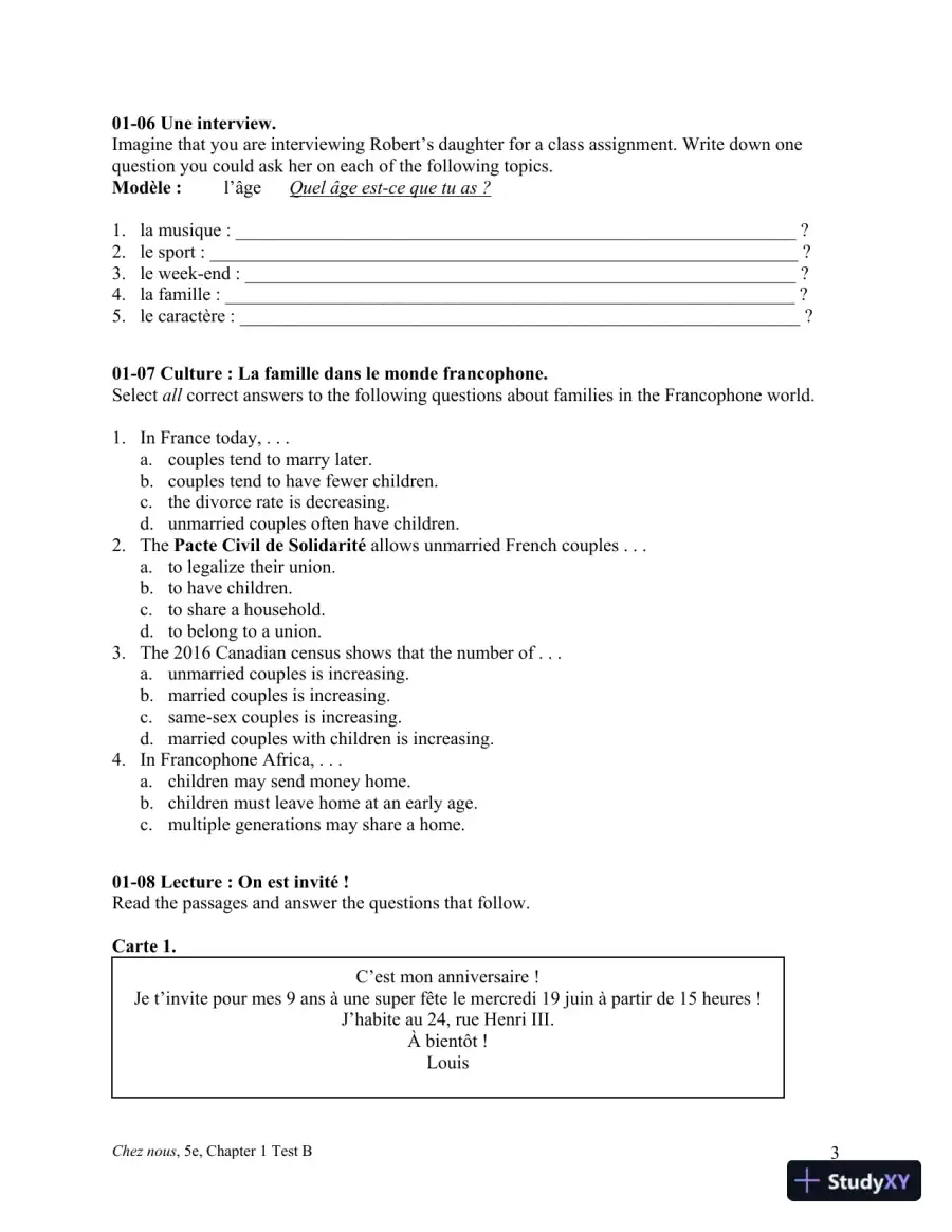 Test Bank for Chez nous: Branch sur le monde francophone, 5th Edition, page 12