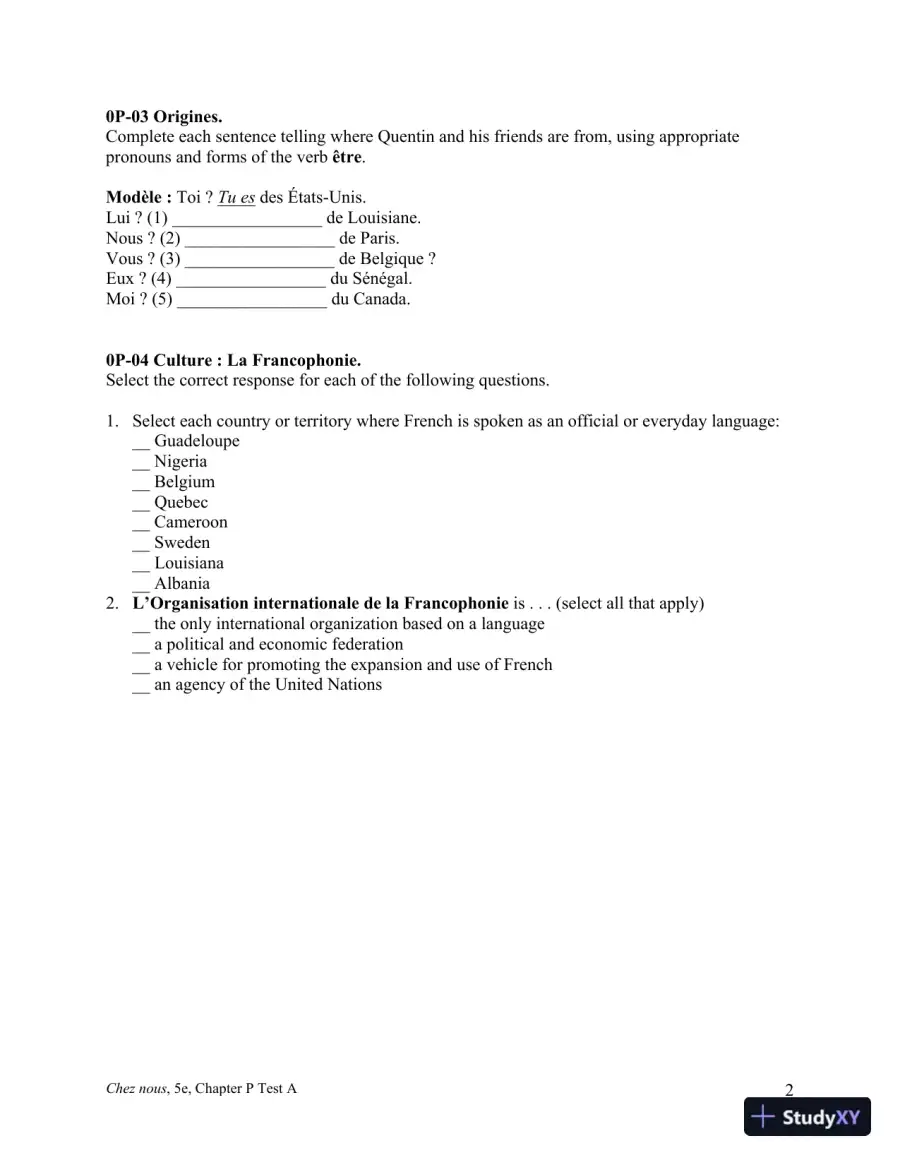 Test Bank for Chez nous: Branch sur le monde francophone, 5th Edition, page 3