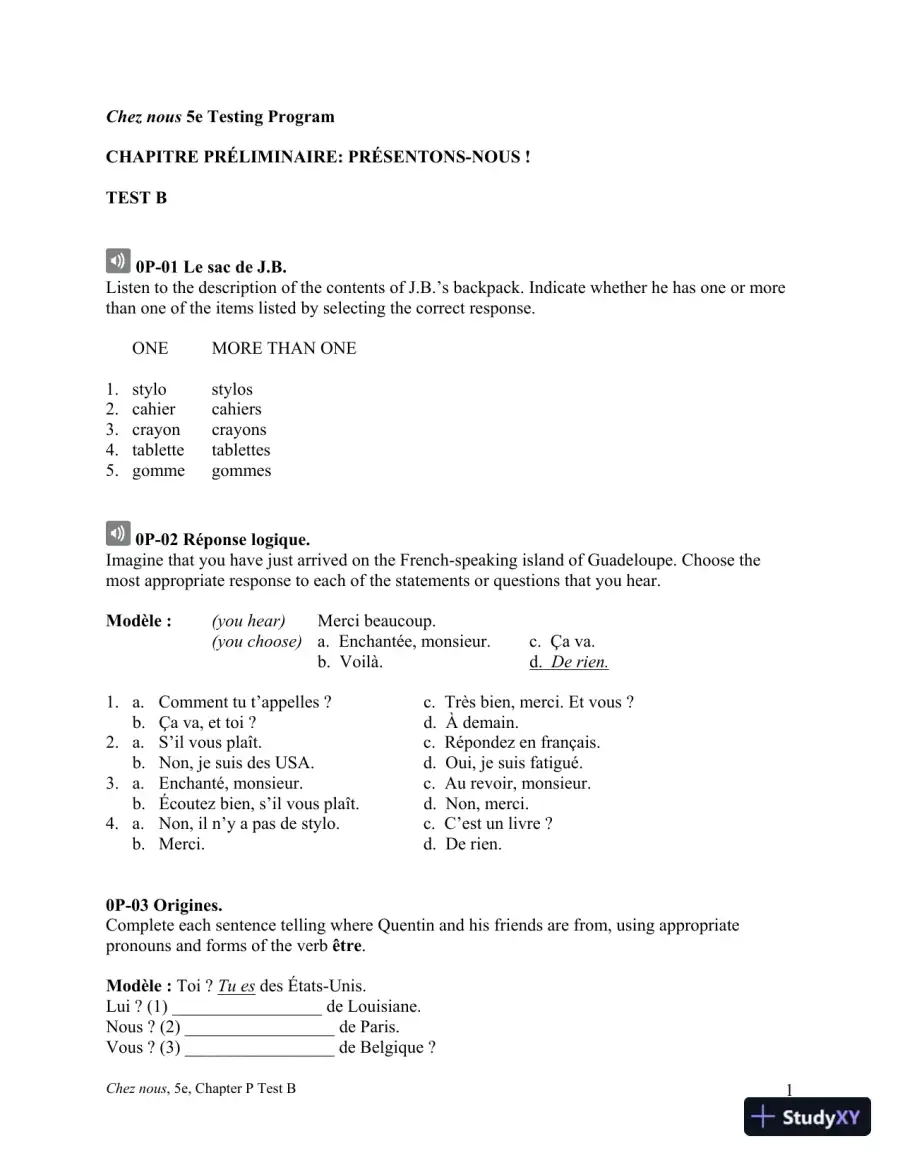 Test Bank for Chez nous: Branch sur le monde francophone, 5th Edition, page 4