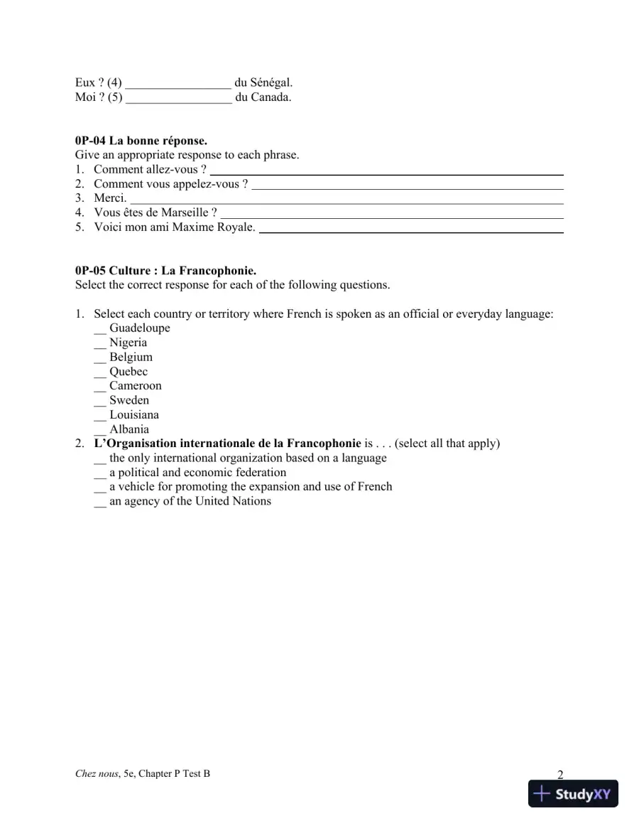 Test Bank for Chez nous: Branch sur le monde francophone, 5th Edition, page 5
