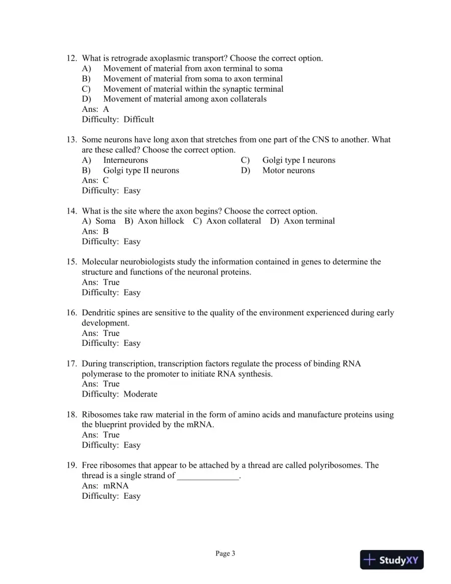 Test Bank For Neuroscience: Exploring the Brain, 3rd Edition, page 9