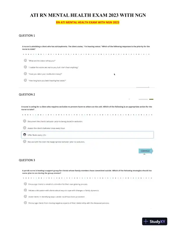 2023 ATI RN Mental Health Practice Exam With Answers (70 Solved Questions) - Page 1 preview image