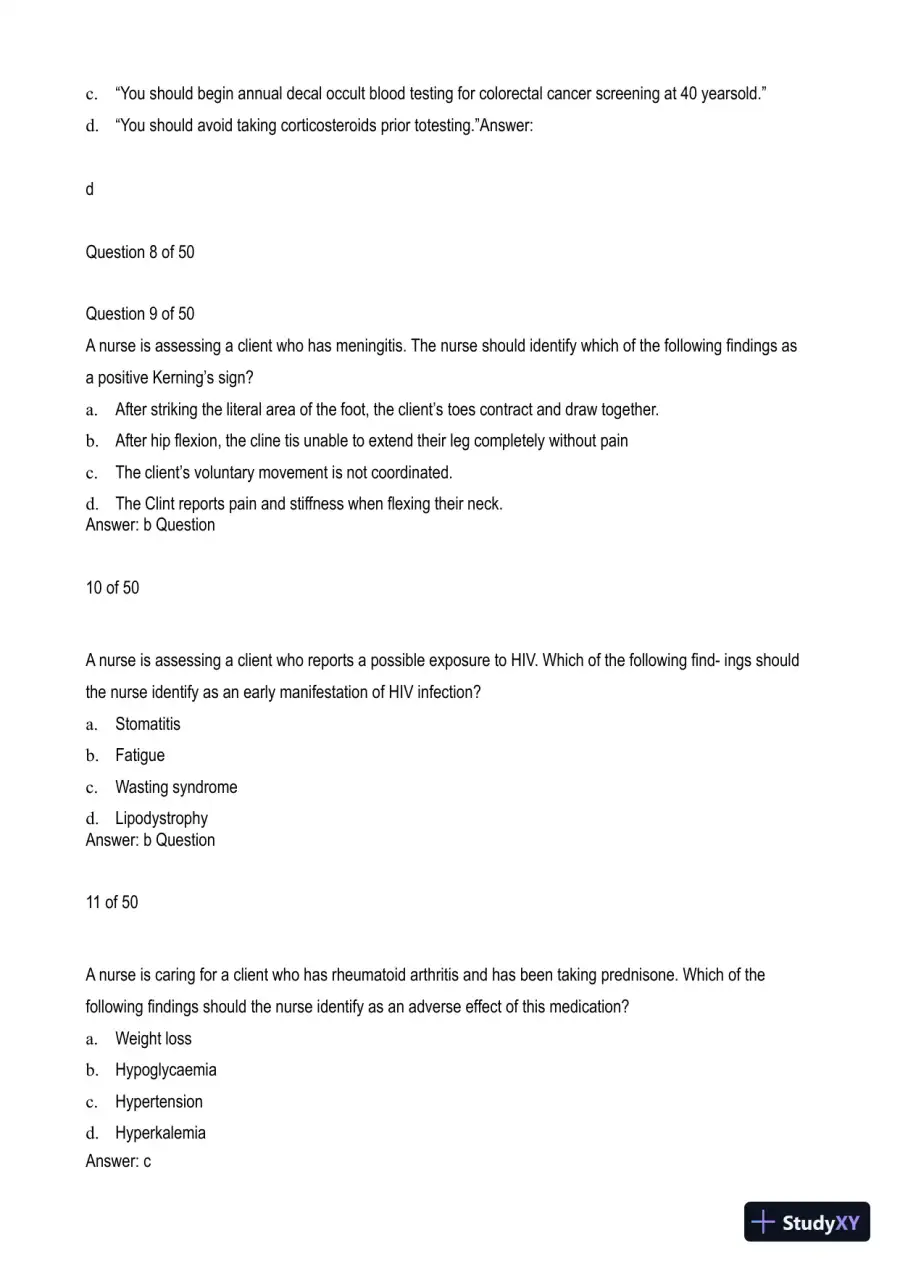 Adult Medical Surgical Assessment 2 Practice Exam with Answers (50 Solved Questions), page 4