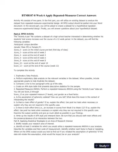 BTM8107-8 Week 6 Apply Repeated-Measures Correct Answers - Page 1 preview image