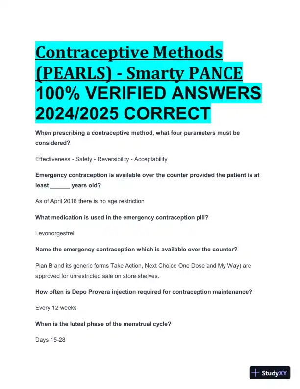 2024-2025 Contraceptive Methods Disorders (PEARLS) (Smarty PANCE) with Answers (10 Solved Questions) - Page 1 preview image