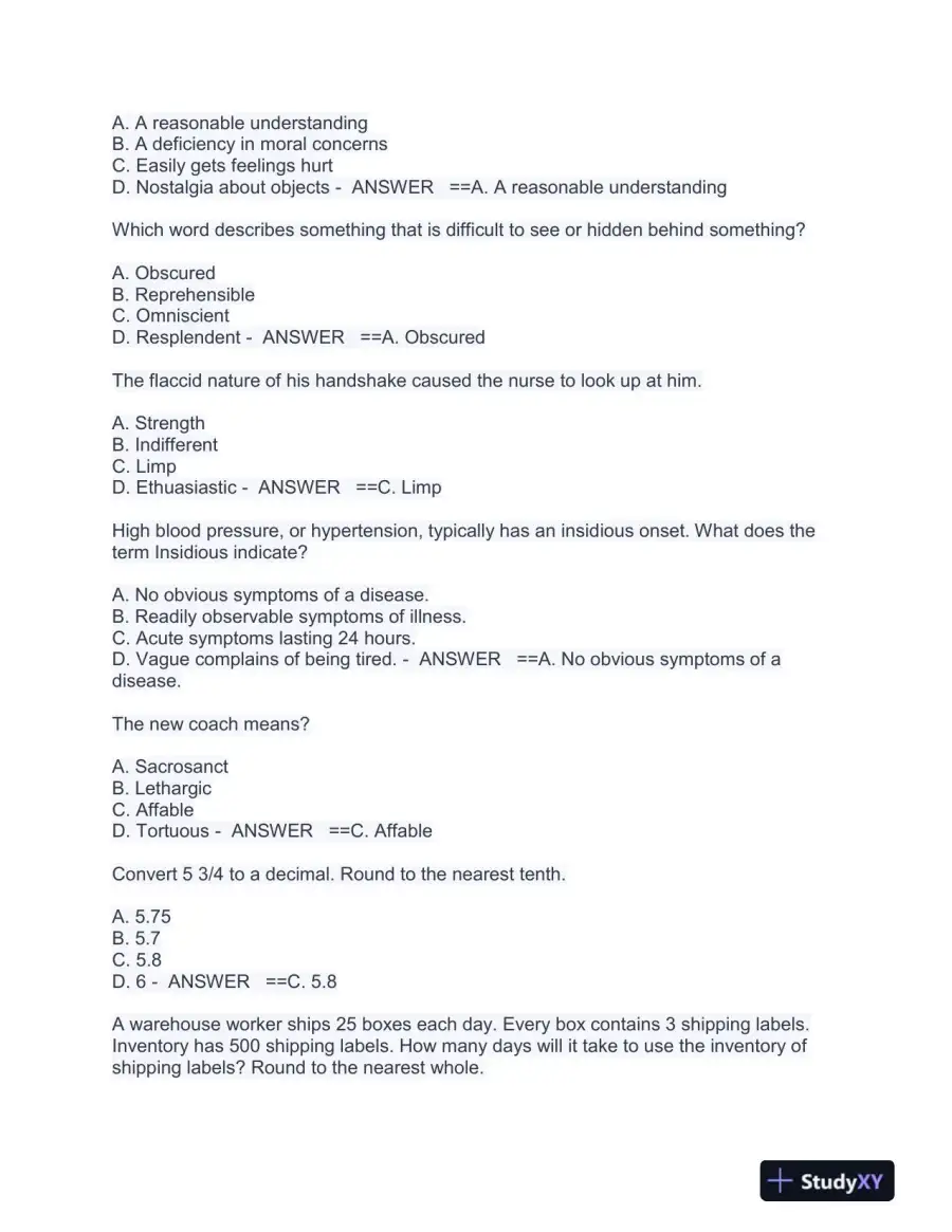 HESI math, vocab, grammer, reading comp, a&p Practice Exam With Answers (1133 Solved Questions), page 11
