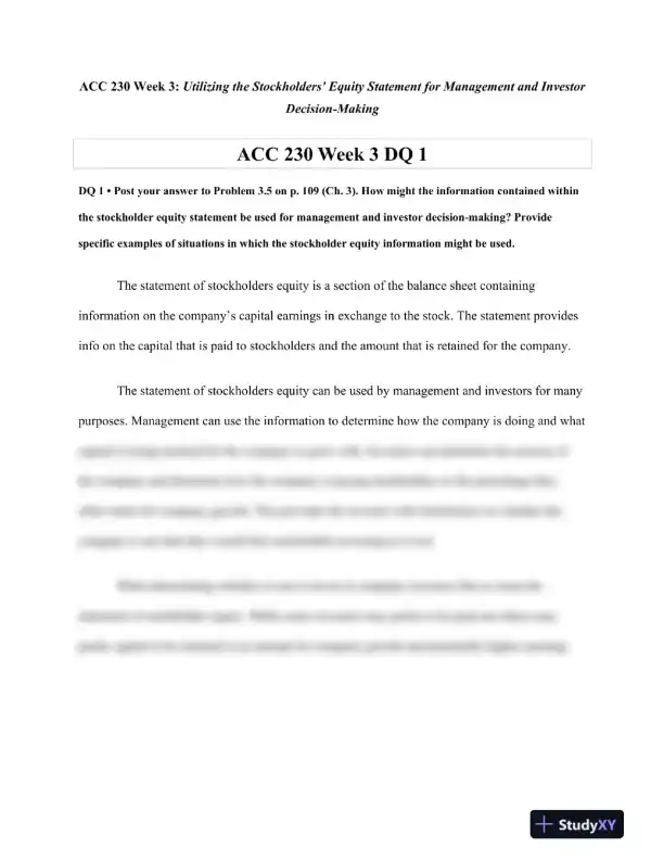ACC 230 Week 3: Utilizing the Stockholders' Equity Statement for Management and Investor Decision-Making - Page 1 preview image