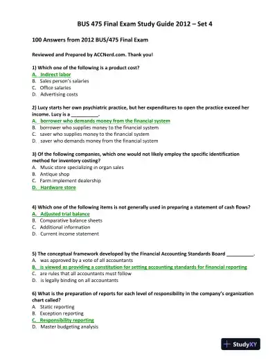 BUS 475 Final Exam Study Guide 2012 � Set 4 - Page 1 preview image