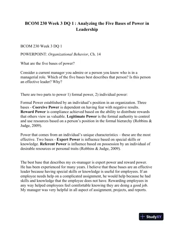 BCOM 230 Week 3 DQ 1 : Analyzing the Five Bases of Power in Leadership - Page 1 preview image