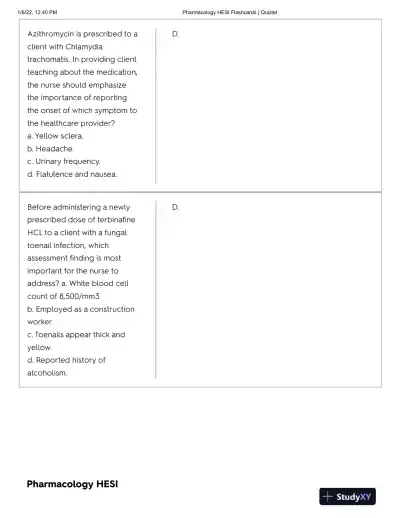 2022 HESI Pharmacology Practice Exam With Answers (47 Solved Questions) - Page 9 preview image