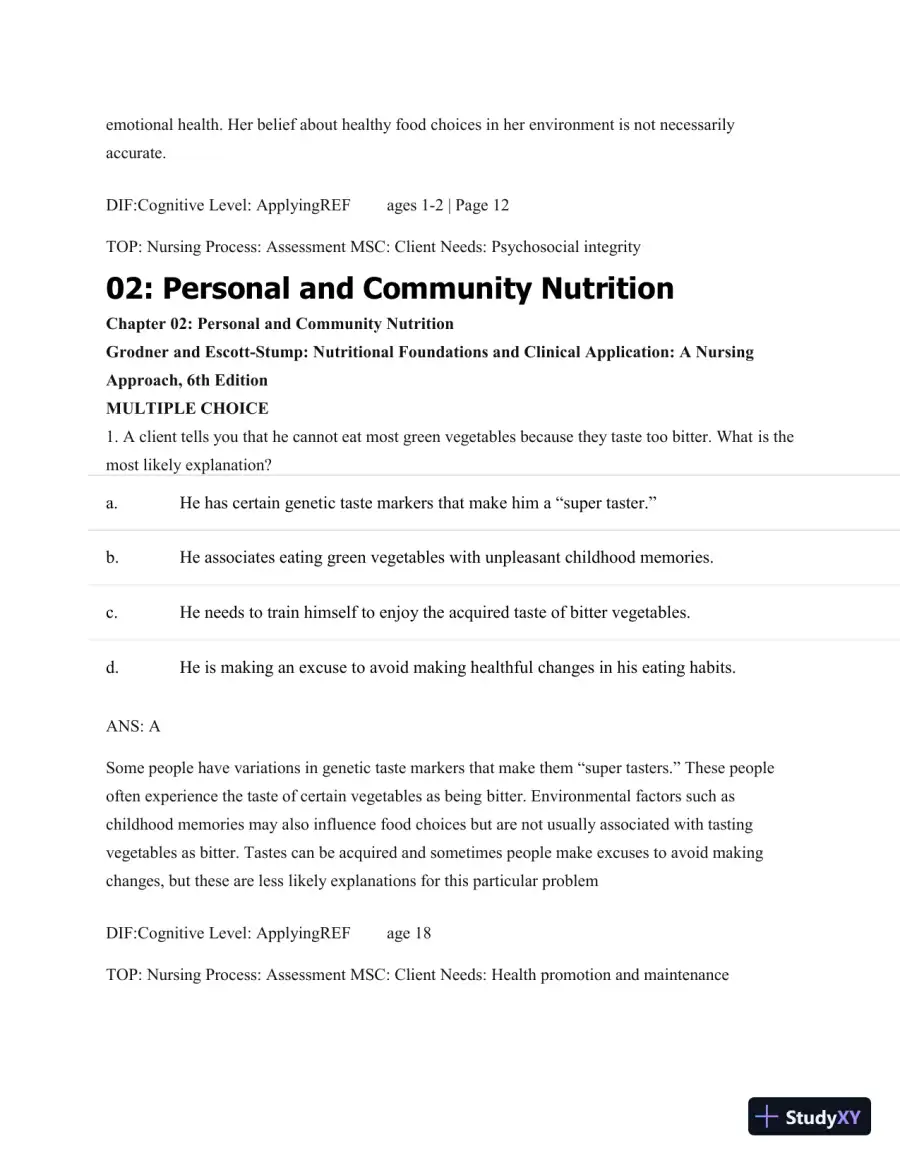 Test Bank For Nutritional Foundations And Clinical Applications: A Nursing Approach, 6th Edition, page 20