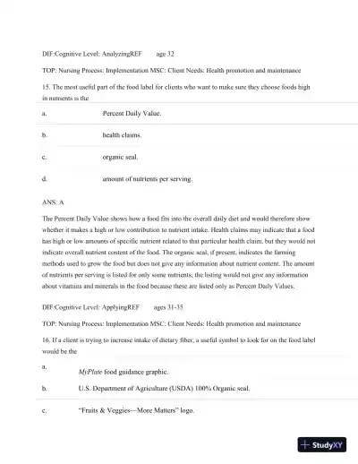 Test Bank For Nutritional Foundations And Clinical Applications: A Nursing Approach, 6th Edition - Page 29 preview image