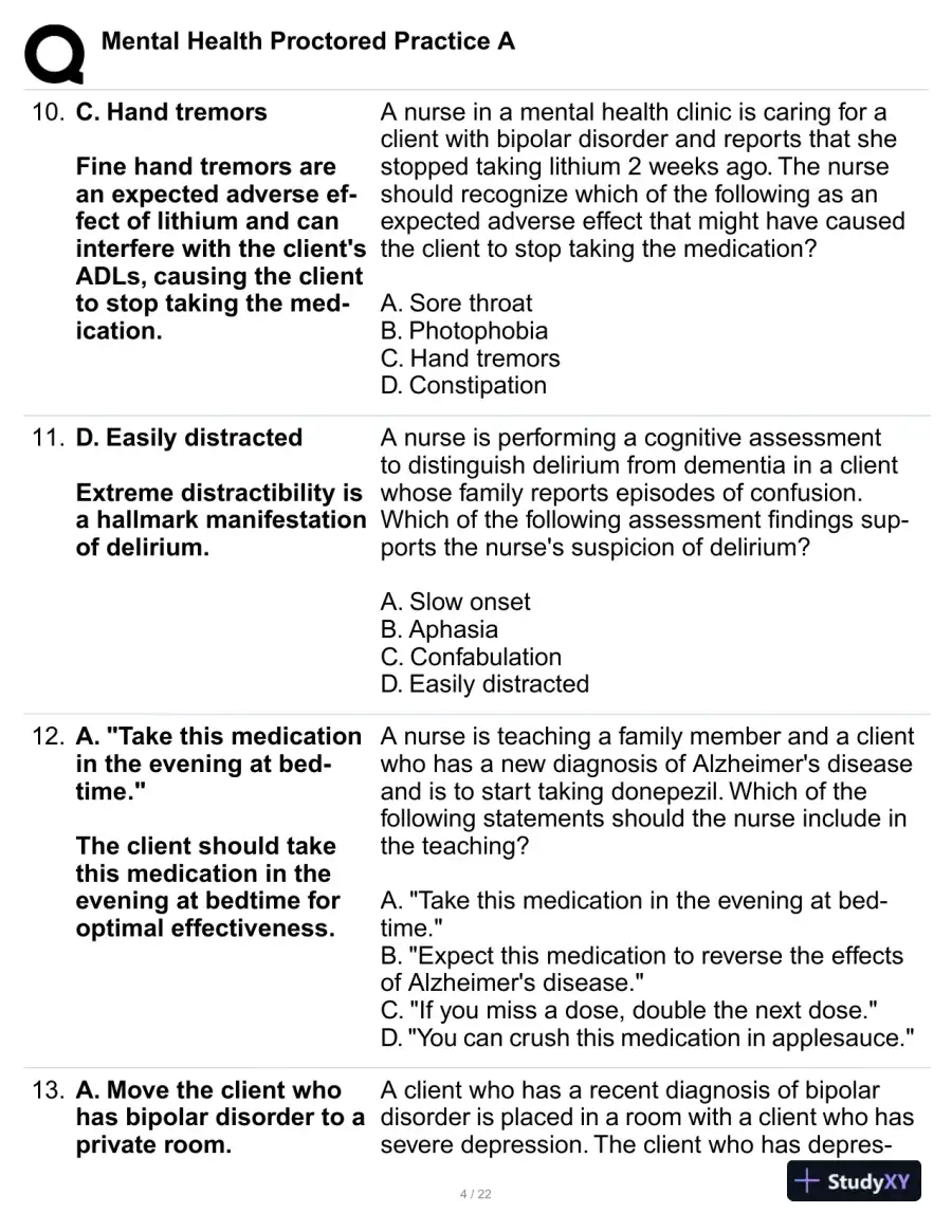 Mental Health Proctored Practice Exam A with Answers (60 Solved Questions), page 5