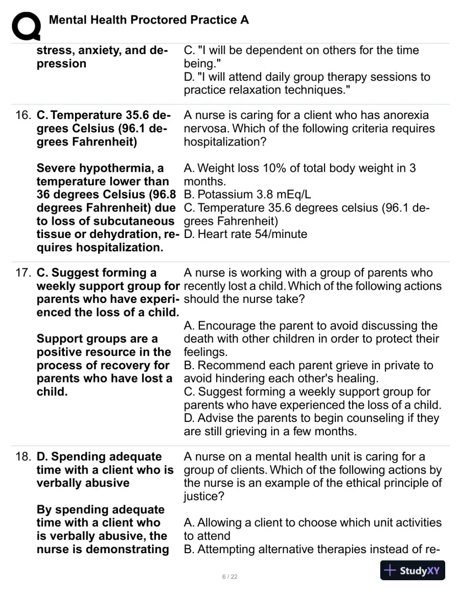 Mental Health Proctored Practice Exam A with Answers (60 Solved Questions), page 7