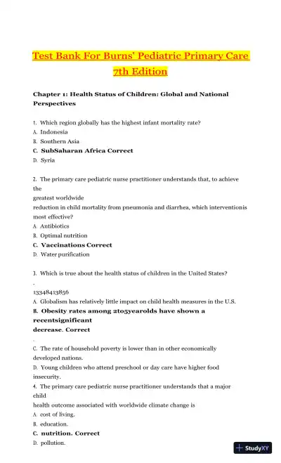 Test Bank for Burns' Pediatric Primary Care, 7th Edition (Chapters 1-46) - Page 1 preview image