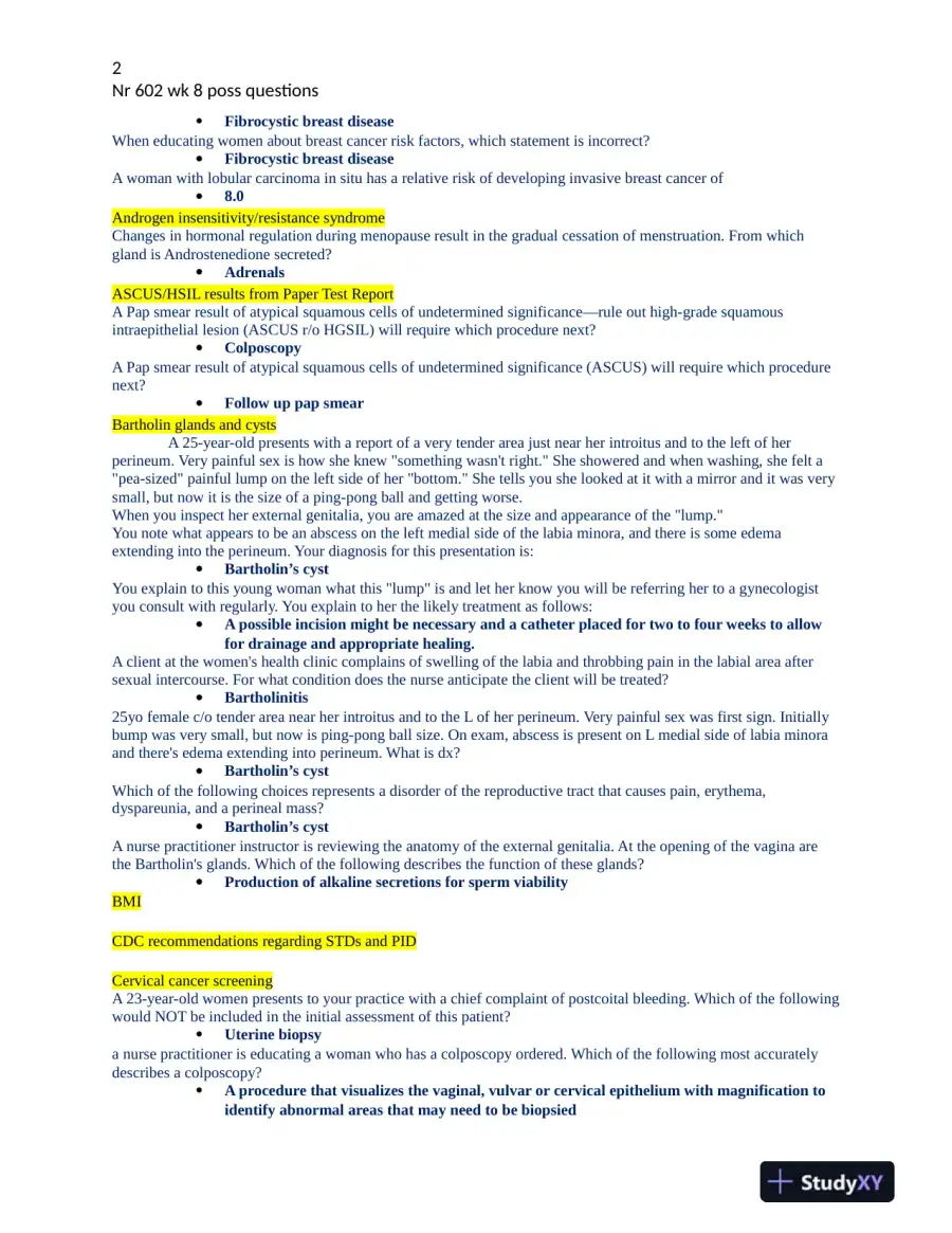 NR602 Chamberlain College of Nursing Clinical Analysis Final Exam Week 8 With Answers (115 Solved Questions), page 3