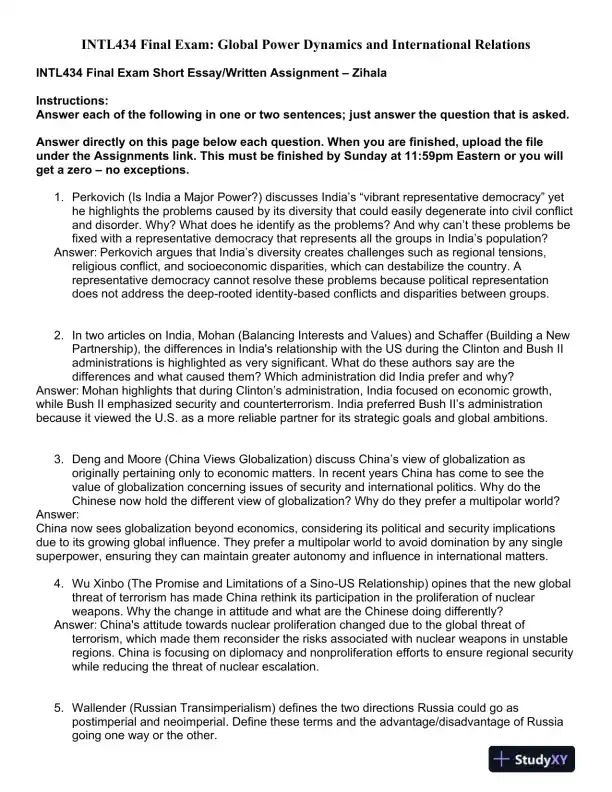 INTL434 Final Exam: Global Power Dynamics and International Relations - Page 1 preview image