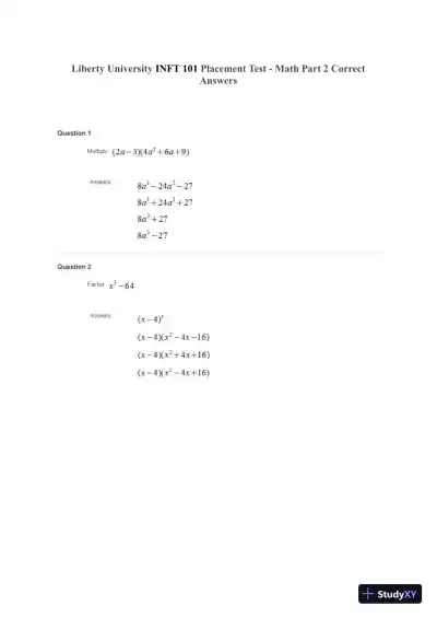 Liberty University INFT 101 Placement Test - Math Part 2 Correct Answers - Page 1 preview image