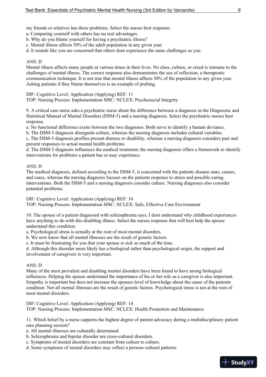 Essentials Of Psychiatric Mental Health Nursing: A Communication Approach To Evidence-Based Care, 3rd Edition Test Bank, page 10