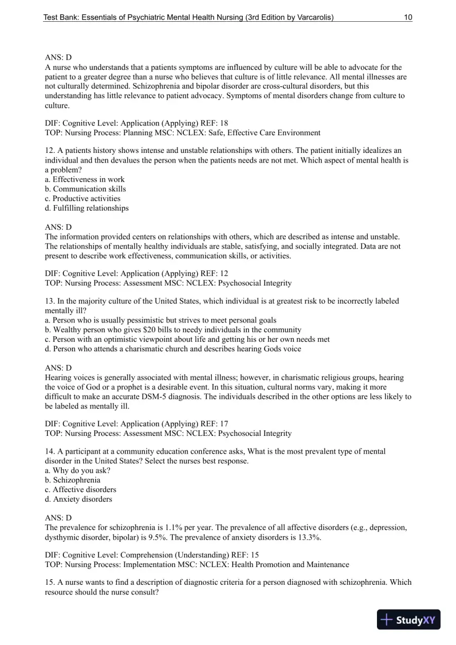 Essentials Of Psychiatric Mental Health Nursing: A Communication Approach To Evidence-Based Care, 3rd Edition Test Bank, page 11