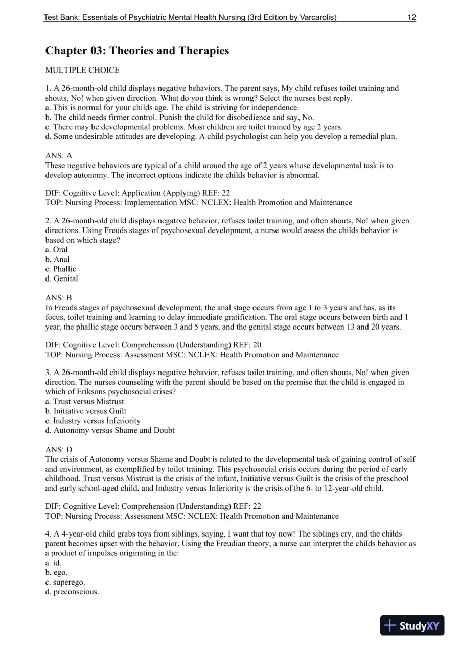 Essentials Of Psychiatric Mental Health Nursing: A Communication Approach To Evidence-Based Care, 3rd Edition Test Bank, page 13