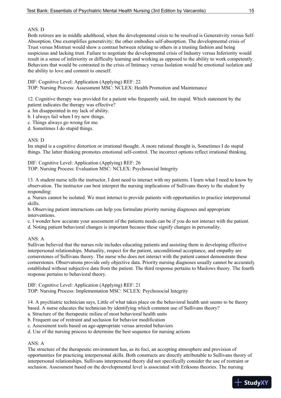 Essentials Of Psychiatric Mental Health Nursing: A Communication Approach To Evidence-Based Care, 3rd Edition Test Bank, page 16