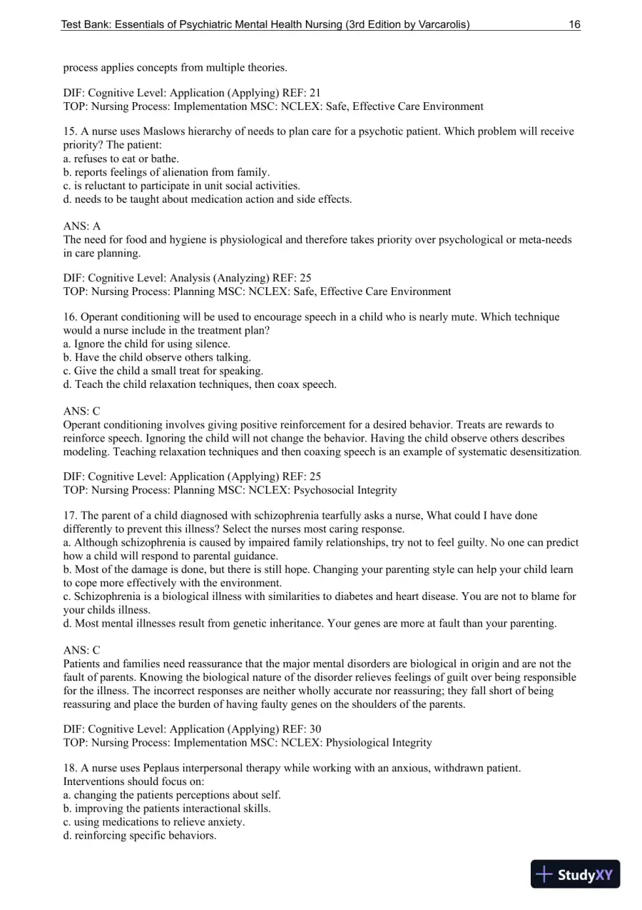 Essentials Of Psychiatric Mental Health Nursing: A Communication Approach To Evidence-Based Care, 3rd Edition Test Bank, page 17