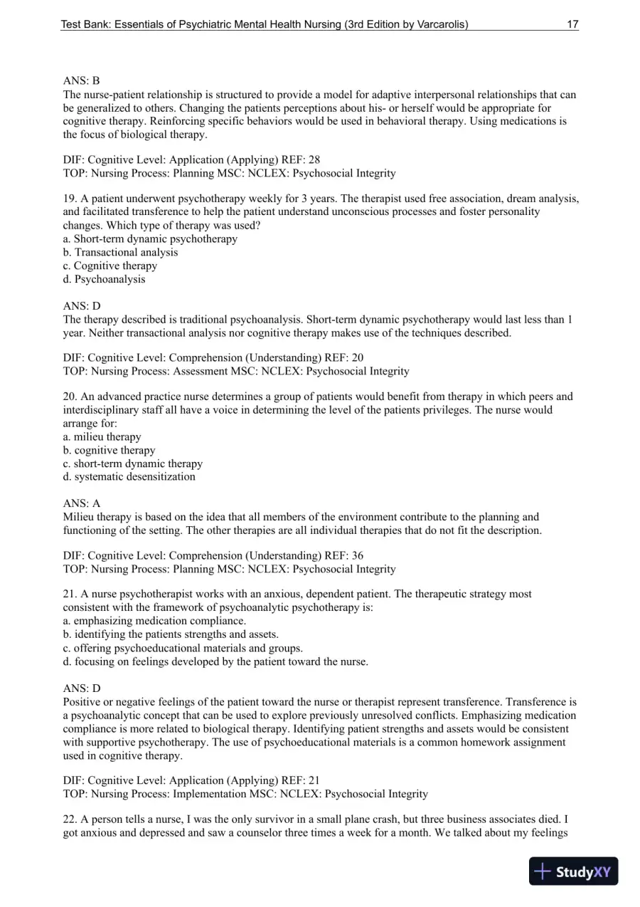 Essentials Of Psychiatric Mental Health Nursing: A Communication Approach To Evidence-Based Care, 3rd Edition Test Bank, page 18